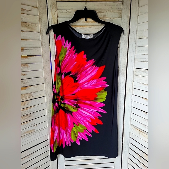 Maggie London Shift Dress Sleeveless Black w Pink Flower 6P - Picture 1 of 5